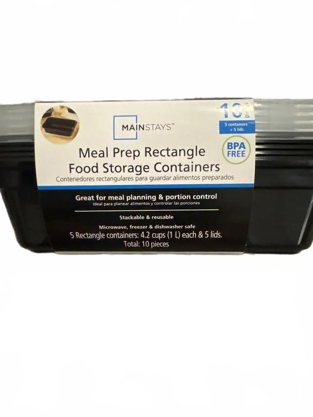 Mainstays Meal Prep Rectangle Food Storage Containers 10pc Black Clear